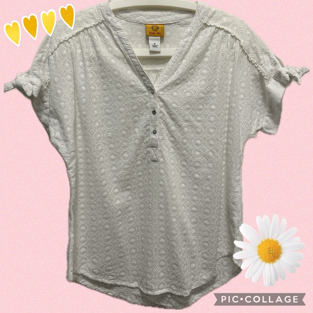 Ruby Rd.‎ White Eyelet V Neck Button Blouse Small 💯 cotton tie knots on sleeves